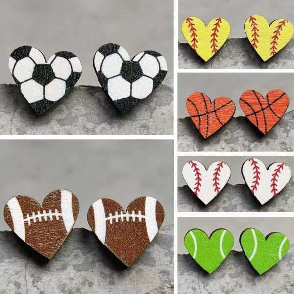 Wholesale Event Sports Accessories Heart Shaped Ball Wooden Earrings