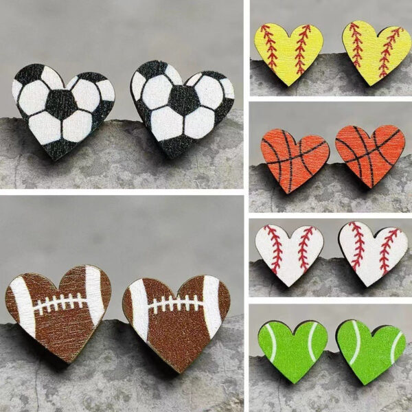 Wholesale Event Sports Accessories Heart Shaped Ball Wooden Earrings
