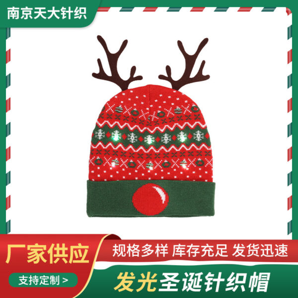 Wholesale Illuminated Christmas Hats, Snowflake Elk Cartoon Jacquard Fur Ball Hats, Knitted Hats