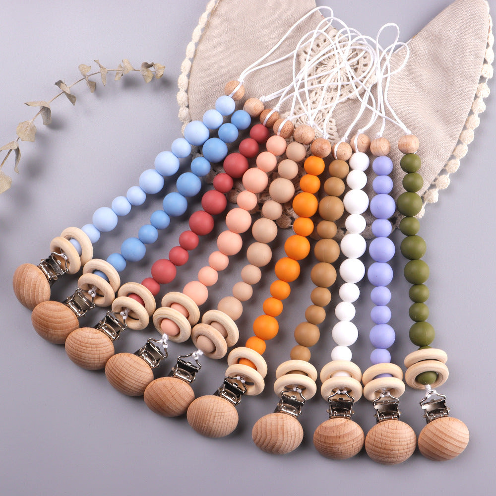 Wholesale Baby Beech Wood Clip Silicone Bead Grinding Pacifier Chain