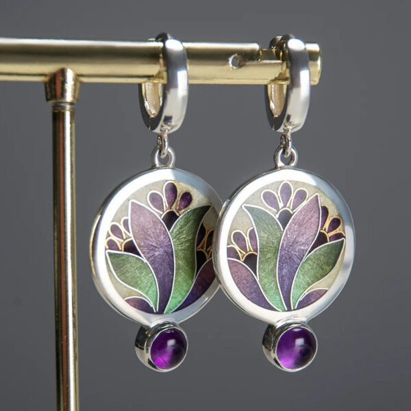 Wholesale Creative Flower Inlaid Purple Diamond Luxury Antique Silver Round Swing Earrings