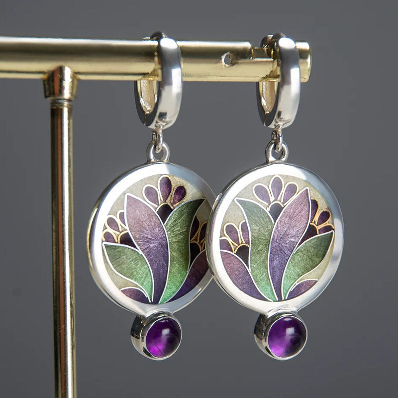 Wholesale Creative Flower Inlaid Purple Diamond Luxury Antique Sier Round Swing Earrings