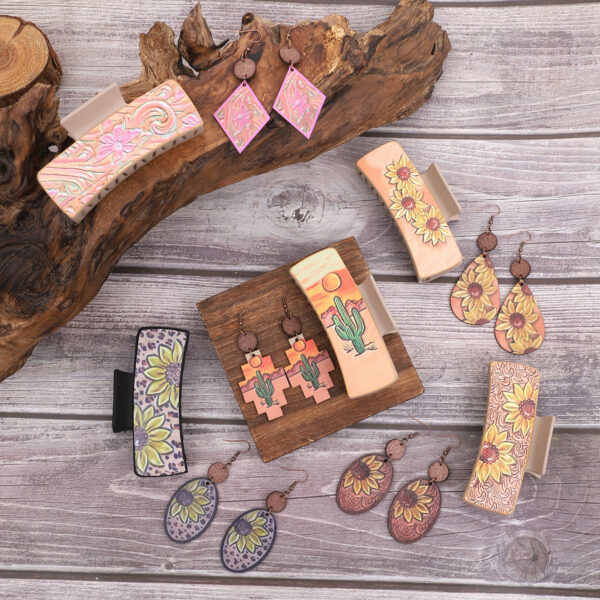 O1CN01JleZjh1ftMV5vwlvb__3172764064-0-cib Wholesale Western Style Sunflower Cactus Leather Hair Clip Earrings Set