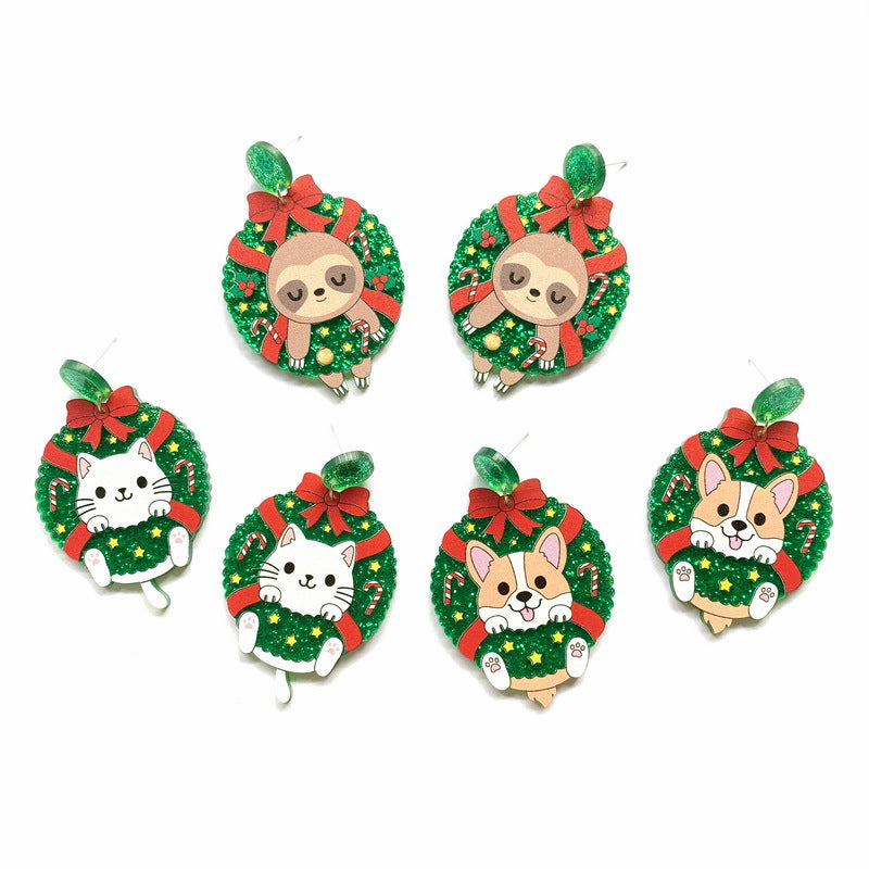 Wholesale Ppy, Kitten, , Christmas Wreath, Bow Tie, Acrylic Earrings