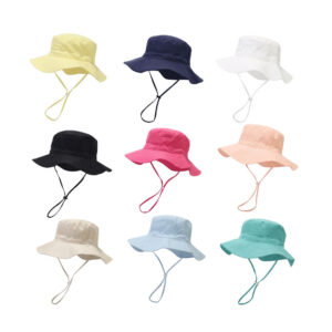 Wholesale Cotton Solid Color Kids Bucket Hat with Windproof Rope