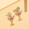 Wholesale Boho Style Tall Wine Glass Lemon Slice Color Block Diamond Earrings