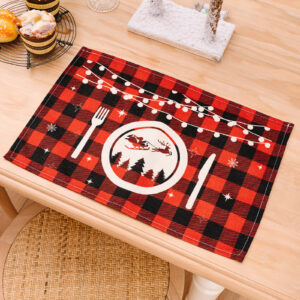 Red and black plaid printed placemat E-style knife and fork