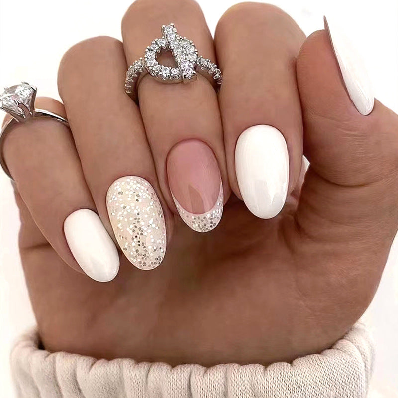 Wholesale Short Oval Cream White Solid Color Nail Stickers