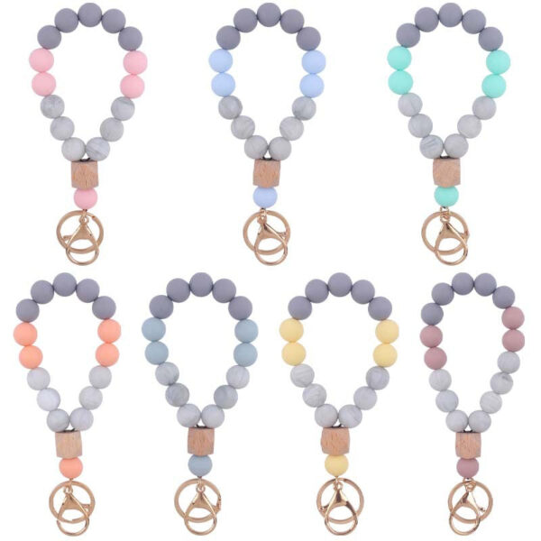Wholesale Wooden Octagon Hand Silicone Beaded Wrist Keychain