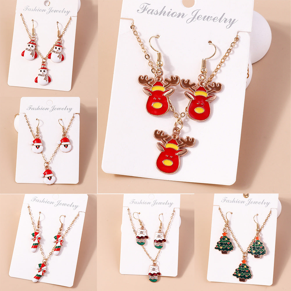 Wholesale Christmas Elk Cane Christmas Tree Snowman Alloy Necklaces Set