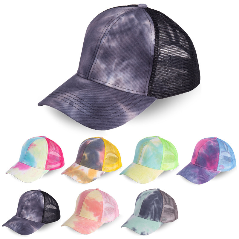 Wholesale 2021 tie-dyed nytail baseball cap foreign trade hat female summer spring autumn outdoor sun protection hat solid color peaked cap customizat