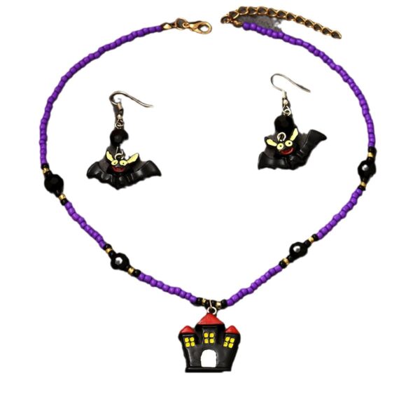 Wholesale Halloween Rice Beads Dark Castle Bat Earrings Necklace Set