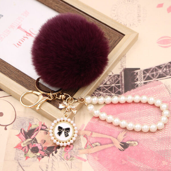Wholesale Imitation Rex Rabbit Fur Ball Pearl Chain Bow Plush Ball Keychain