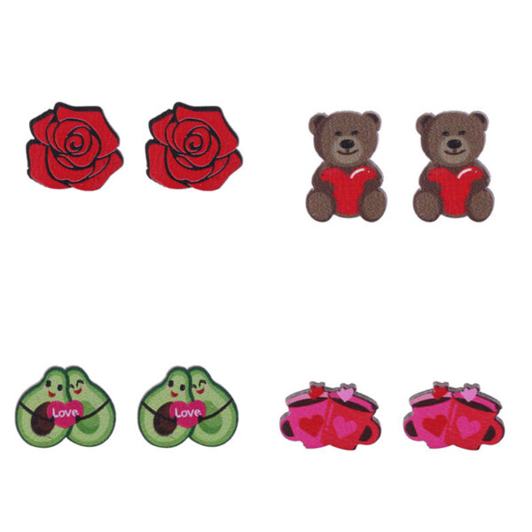 Wholesale Valentine's Day Bear Flowers Red Lips Cartoon Cake Wooden Earrings