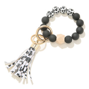 1 black and white leopard print black frosted beads bracelet keychain B12-0501