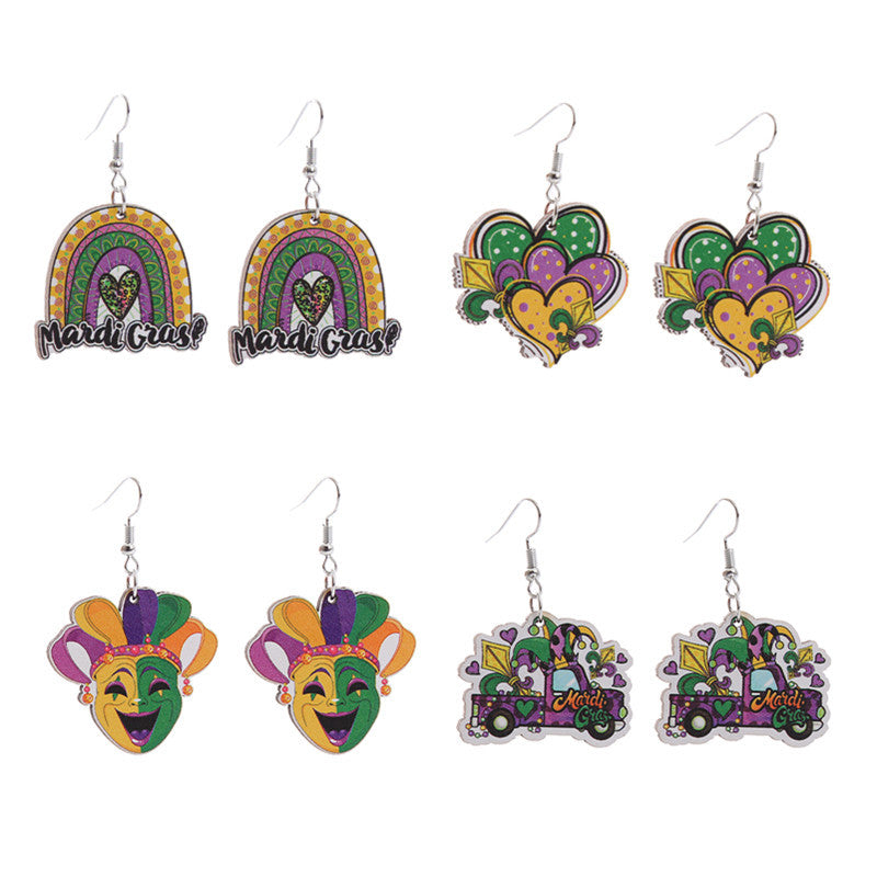 Wholesale Carnival Rainbow Truck Clown Hat Wooden Mardi Gras Earrings