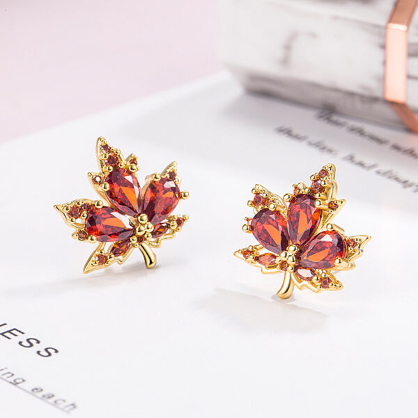 Wholesale Red Zircon Maple Leaf Copper Earrings