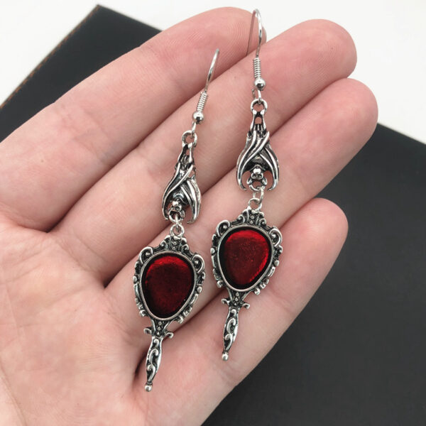 Wholesale Gothic Punk Dark Gothic Bat Antique Silver Scarlet Magic Mirror Earrings