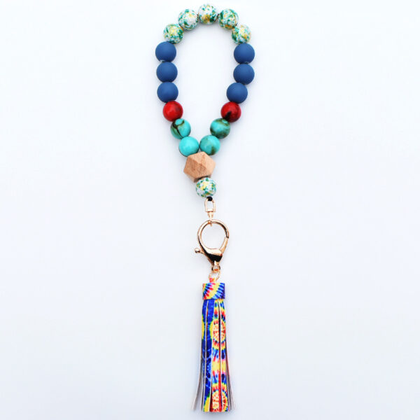 Wholesale Wooden Bead PU Printed Tassel Pendant Wrist Keychain