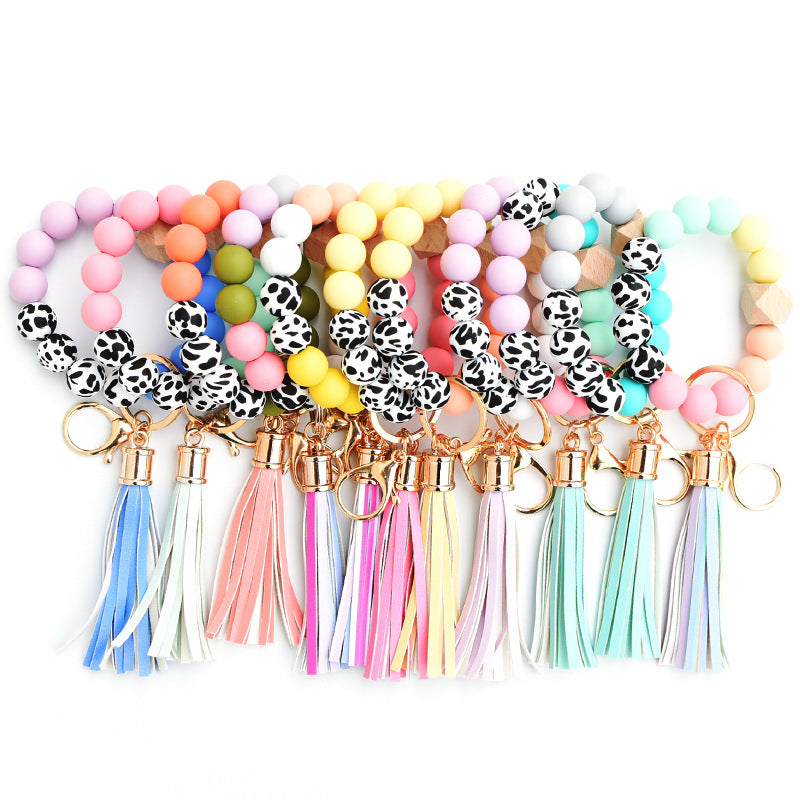 Wholesale Silicone Leopard Pattern Beaded Tassel Wrist Keychain