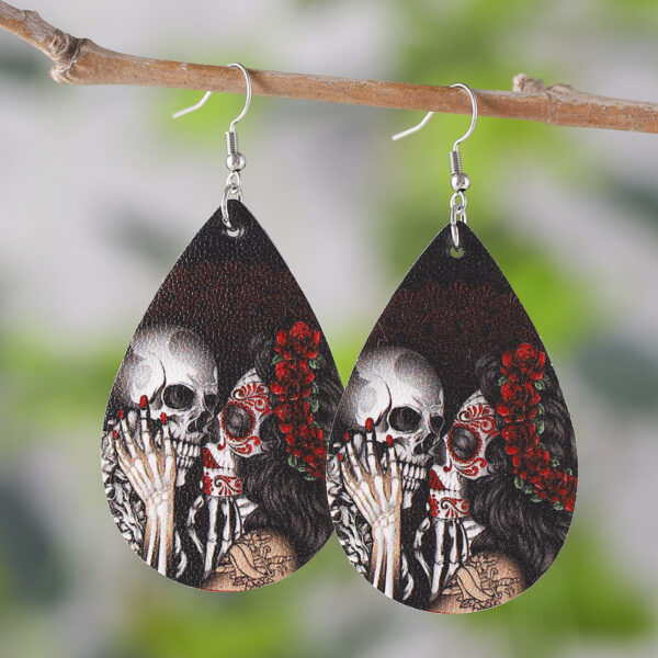 Wholesale dark rose flower skull earrings double-sided PU leather drop earrings