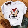 Whoelsale Valentine's Day Polyester High Heels, Wine Glass Printed Women's Short Sleeved T-shirt