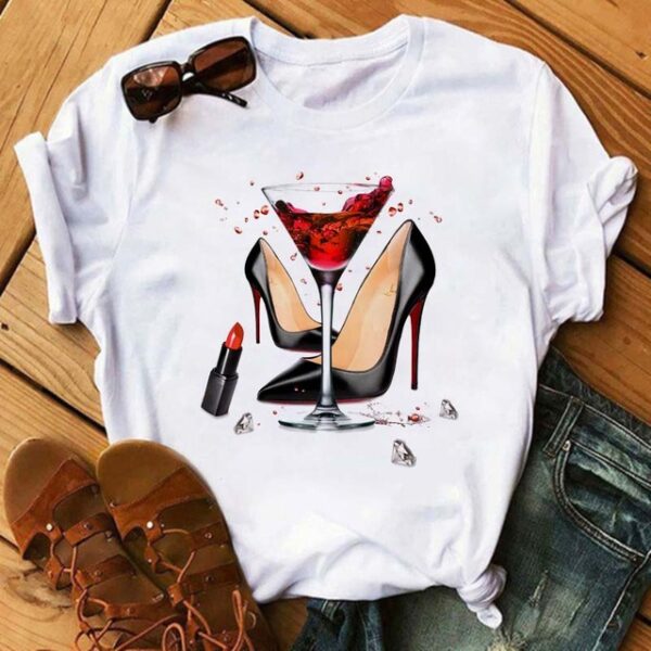 Whoelsale Valentine's Day Polyester High Heels, Wine Glass Printed Women's Short Sleeved T-shirt