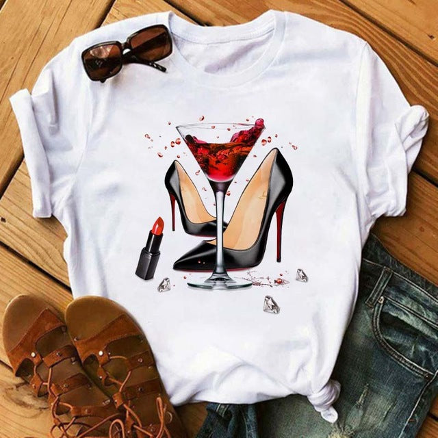 Wholesale Whole Valentine's Day lyester High Heels, Wine Glass Printed Women's Short Sled T-shirt
