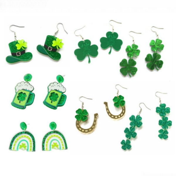 Wholesale St. Patrick's Day Glitter Clover Acrylic Earrings
