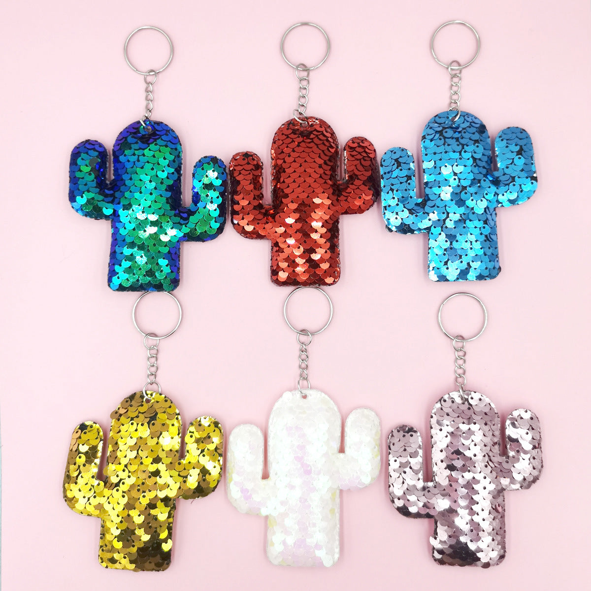 Wholesale PET Sequined Cactus Keychain Set of 6