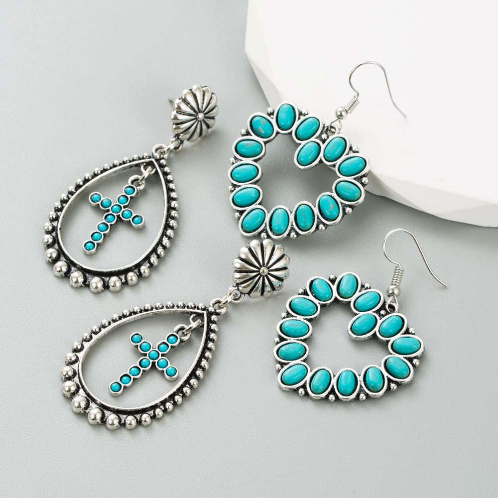 Wholesale Cross-border Amazon hot selling pular European and American personalized hollow heart cross exaerated earrings turquoise earrings for women
