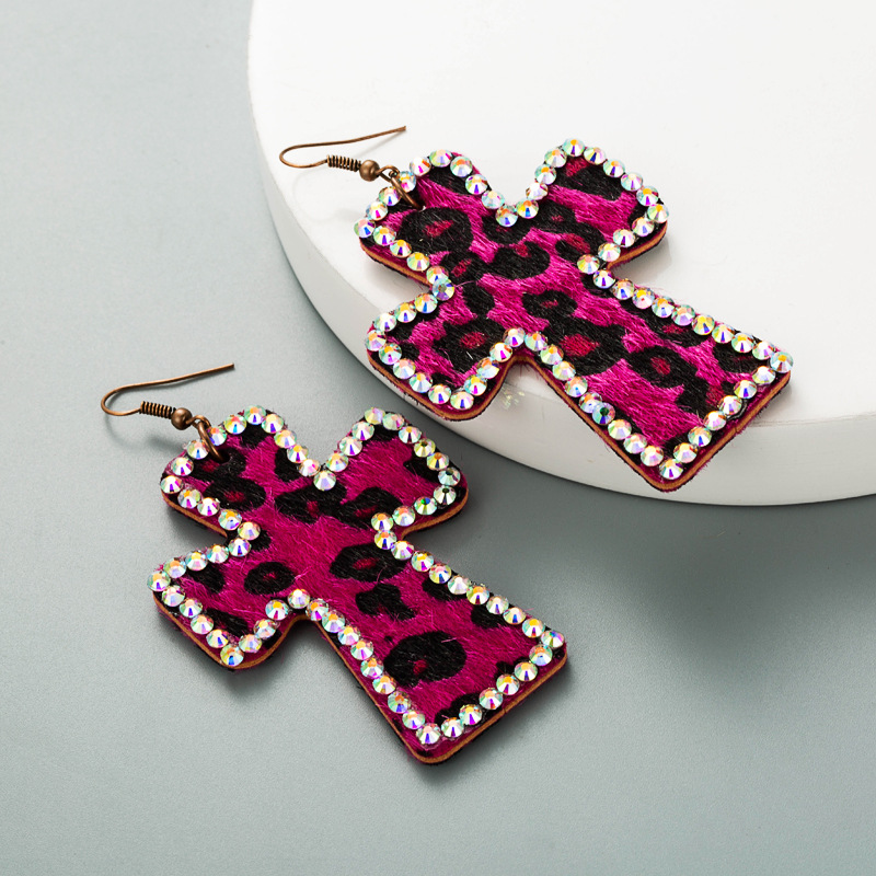 Wholesale Handmade Ins Shibuya Spice Y2K Niche Personality Japanese Elements Exaerated Cross Leather Leopard Earrings Earrings