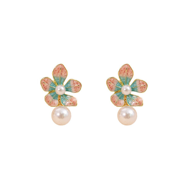 Wholesale Drip Oil Flower Pearls Enamel Pink Blue Petals Alloy Earrings