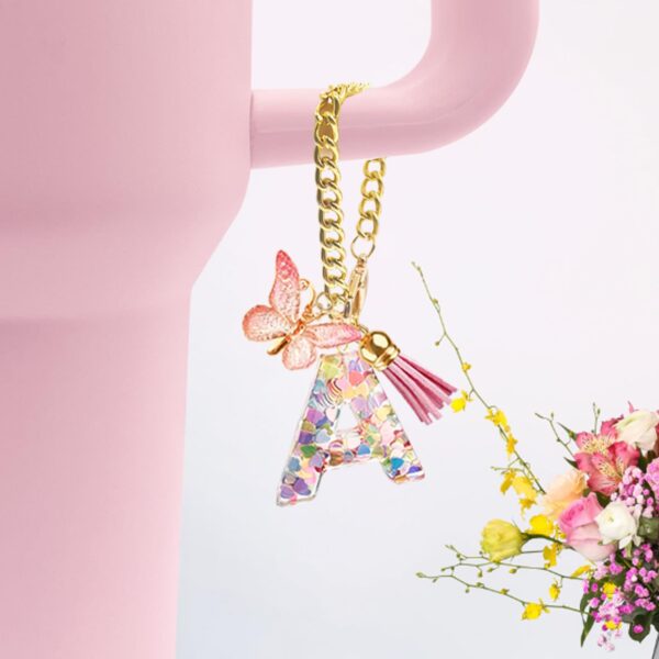 Wholesale 26 Letters Love Glitter Tassel Resin Butterfly Cup Chain Decoration