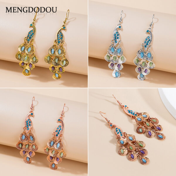 Wholesale Long Fashion Vintage Large Peacock Crystal Earrings