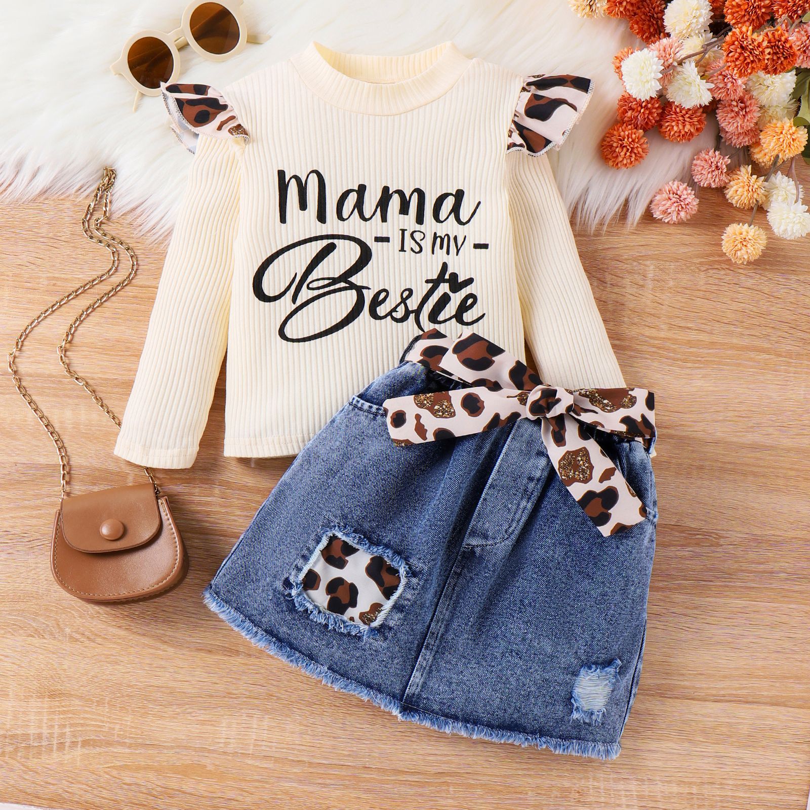 Wholesale Autumn and Winter Top Patchwork Leopard Print Fly Sles Denim Ripped Hole Baby Clothes