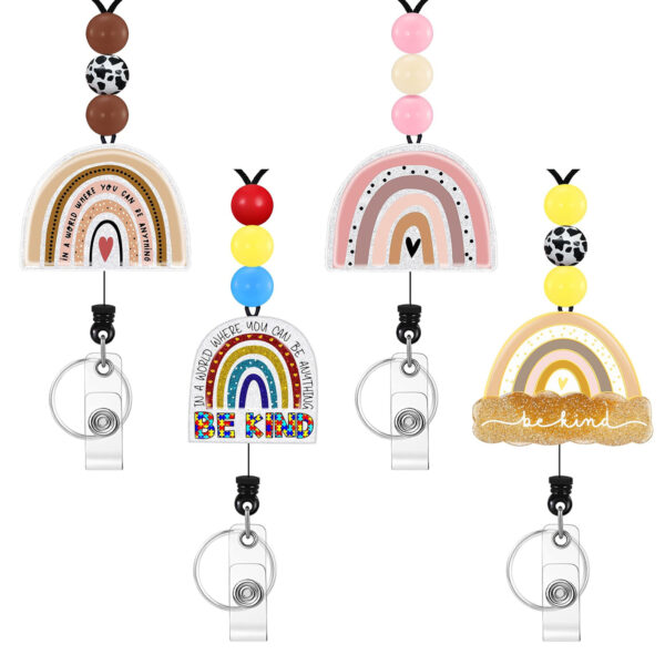 Wholesale Rainbow Leopard Beaded Acrylic Emblem Scroll Retractable Keychain