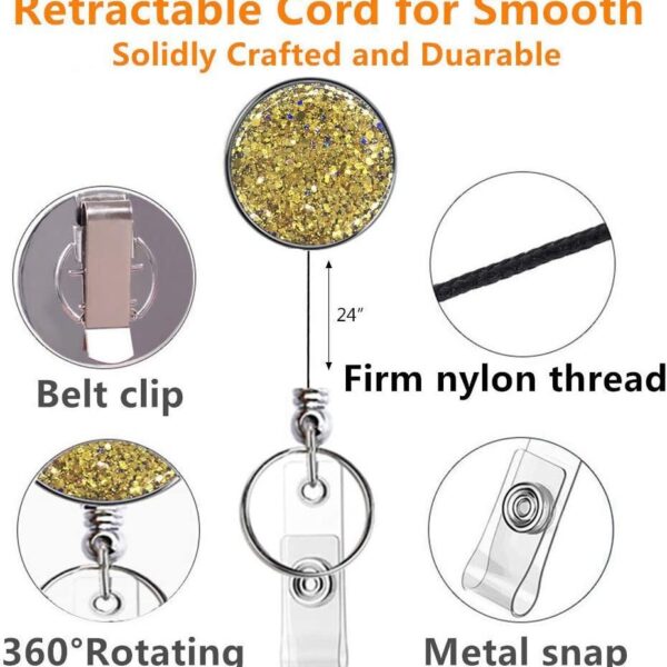 Wholesale Badge Reels UV Electroplated Resin Glitter Sequins Epoxy Badge Reel Retractable Keychain