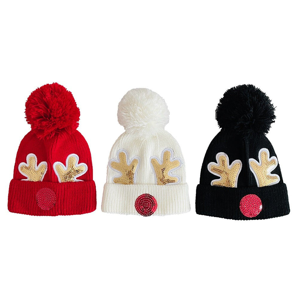 Wholesale 2-5 Year Old Chilen's Winter Warm Woolen Hat Christmas Hat Sequined Elk Antler Knitted Hat