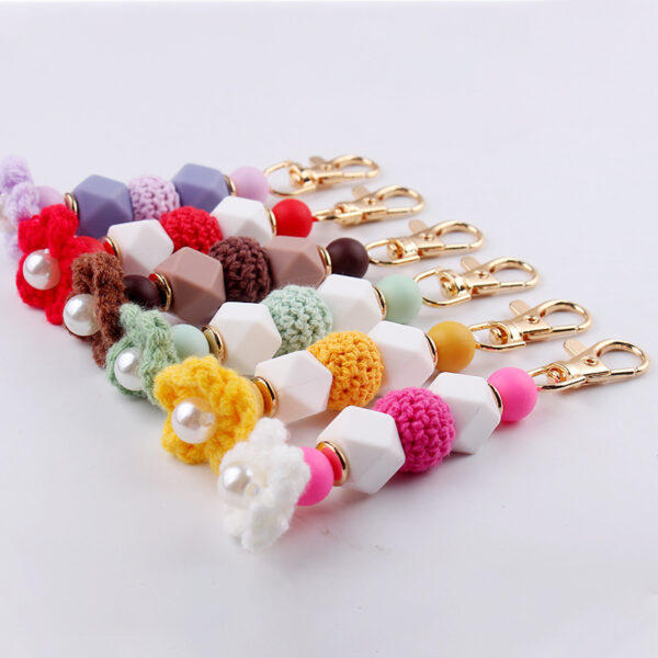 Wholesale Knitted Flower Silicone Beaded Lanyard Keychain