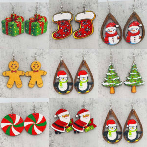 Wholesale Christmas Gingerbread Man Christmas Tree Santa Claus Wooden Earrings