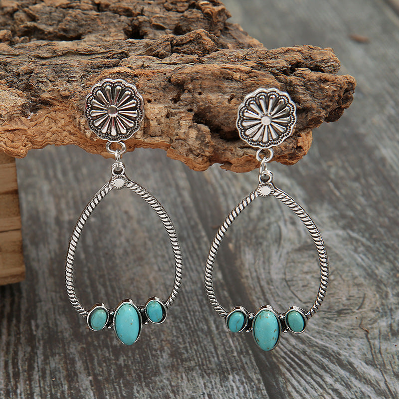 Wholesale Large Circle Tearop Turquoise Hollow Exaerated Earrings