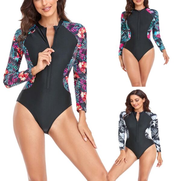 Wholesale Surf Wear Triangular One-Piece Swimsuit Long Sleeve Zipper Color Printing Swimwear