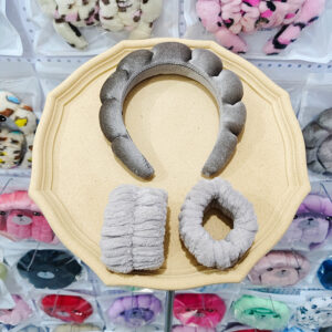 Gold velvet gray hairband + 2 wrist straps (seam interface)