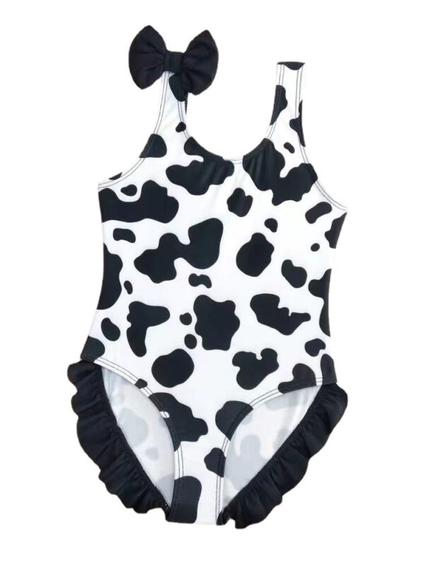 Wholesale Baby Girls Ruffles Dairy Cow Black and White Printed Bow One Piece Swimwear