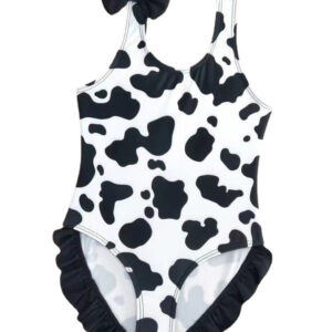 Wholesale Baby Girls Ruffles Dairy Cow Black and White Printed Bow One Piece Swimwear