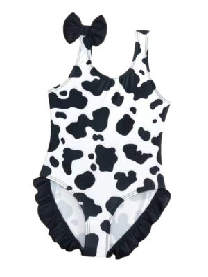 Wholesale Baby Girls Ruffles Dairy Cow Black and White Printed Bow One Piece Swimwear