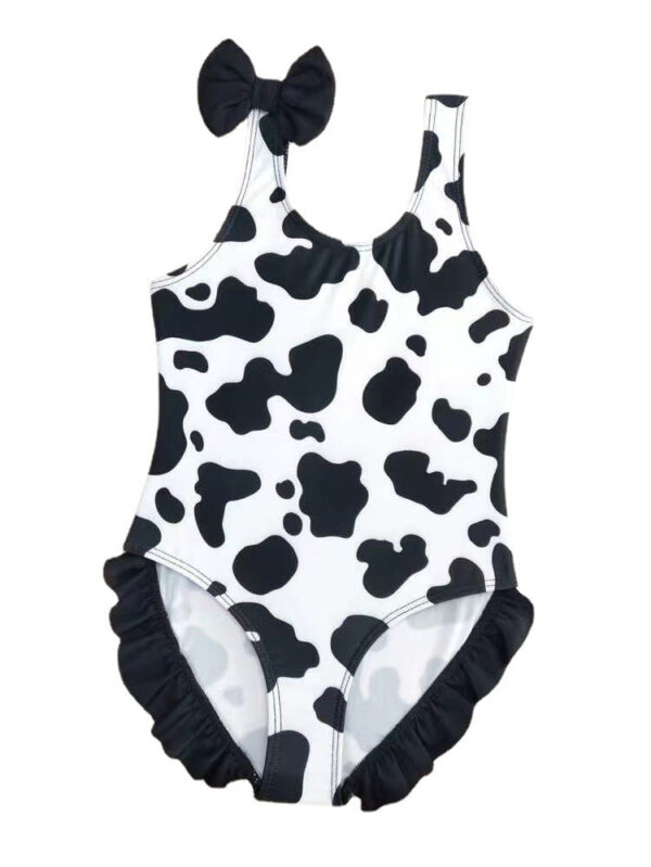 Wholesale Baby Girls Ruffles Dairy Cow Black and White Printed Bow One Piece Swimwear