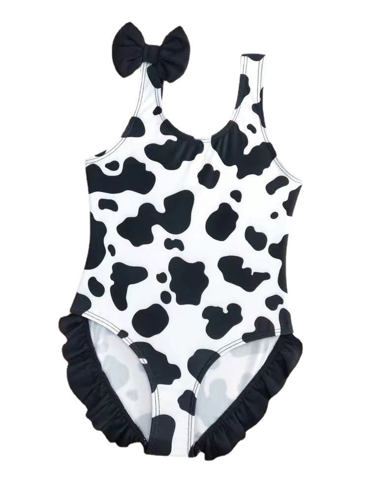 Wholesale Baby Girls Rules Dairy Cow Black and White Printed Bow Swimwear