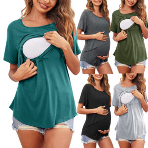 Wholesale Solid Color Postpartum Nursing Polyester Tops for Pregnant Women